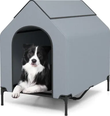 Produktbild von GOPLUS 2 in 1 Hundebett & erhöhte Hundehütte, Haustierbett Outdoor mit belüfteten Fenstern & Bettmatte, wetterfestes Haustierhaus 75 x 110 x 106 cm