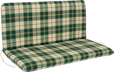 A green and beige plaid bank cushion.