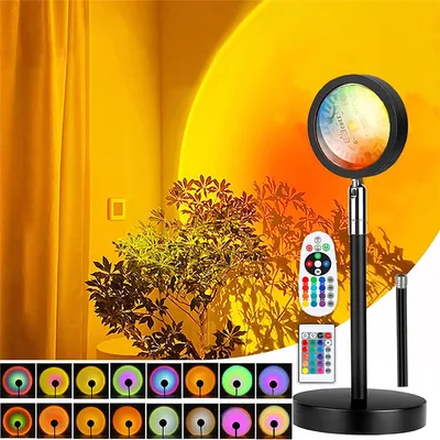 Produktbild von Zimilo Sunset Lampe, Sonnenlampe, mit 2 Fernbedienungen, 180° drehbar, RGB 16 Farben, 4 Beleuchtungsmodi, Requisiten für Fotos, 23,6x9,9cm, Schwarz