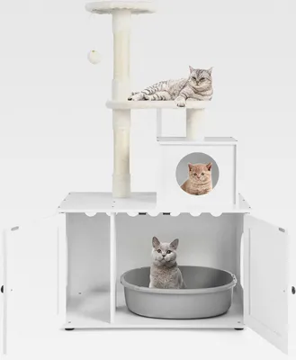 Produktbild von Kratzbaum mit Katzenschrank, All-in-One Katzenhaus aus Holz, Katzenkratzbaum mit Eingang, Höhle, Sisalstamm & Spielball, Katzenmöbel Katzenbaum, Katzen Spielhaus, 77,5x49x132 cm, Weiß