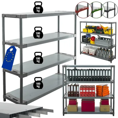 Produktbild von MODO24 Kunststoffregal, 4 Ablagen, 100kg/Boden, Schwerlast, Steckregal, Lagerregal, Plastikregal, Werkstatt, 138x150x46?cm, Grau, TYTAN