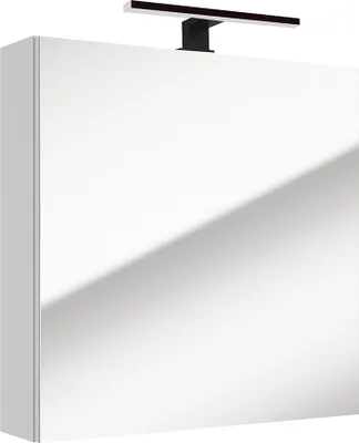 A white mirrored cabinet with a black LED light fixture mounted on top.