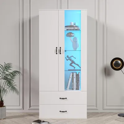 Produktbild von Weiße Hochglanzvitrine mit Led Beleuchtung, Vitrinenschrank mit 2 Türen, 2 Schubladen und 3 Glasboden, Standvitrine Weiße LED-Vitrine, Wohnzimmer Hochregal, 59,5x35x182cm