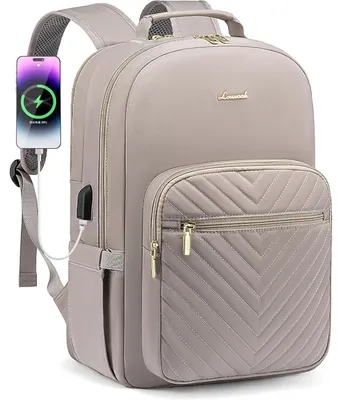 Image de Sac à dos pour femmes, grande taille, 15,6 pouces, sac pour ordinateur portable étanche avec port de charge USB, couleur gris Taro