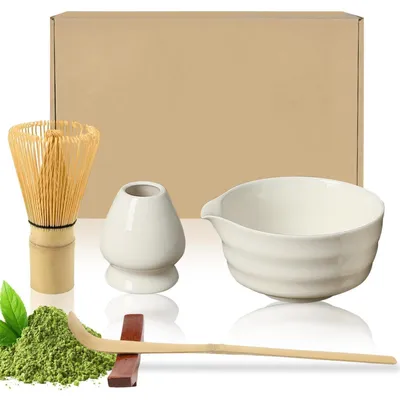 Produktbild von 5-teiliges Matcha Set Keramik Weiß mit Besen Löffel Schüssel Auslauf