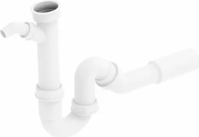 A white plastic sink siphon with a dishwasher connection, shown against a white background.