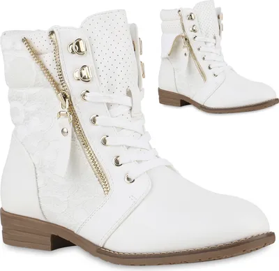 A pair of white lace-up ankle boots with a side zipper.