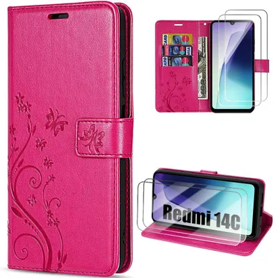 Image de Coque + 2 Verres Trempés pour Xiaomi Redmi 14C, Protection Rabat Anti-Rayures Synthécuir Relief Floral - Fuchsia