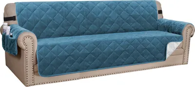 Produktbild von Sesselschoner Gesteppter Samt Sofa Bezug Möbelschutz Schonbezug für Familie mit Haustieren und Kindern, Hellblau Vier Person