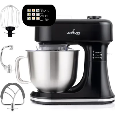 A black LEHMANN multifunctional kitchen machine with a stainless steel bowl and various attachments, displayed on a white background. A digital display shows settings.