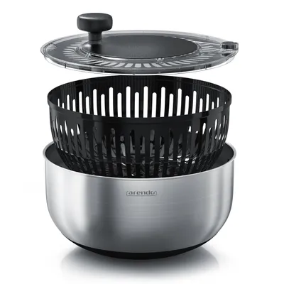 Imagen del producto de Centrífuga para ensaladas de 5 litros con recipiente de acero inoxidable y rallador de verduras integrado, manivela manual, botón de parada, base antideslizante, escurreplatos para ensaladas, 1 unidad, color plateado-