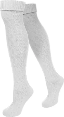A pair of white knee-high socks with a cable knit pattern, shown against a white background.