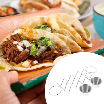 Produktbild von Edelstahl-Tacoständer mit Pfannkuchentablett und Soßenbecher für Tacos und Tortillas, leicht zu reinigen