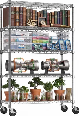 Produktbild von Schwerlastregal mit Rollen, 5 Ebenen Metallregal höhenverstellbar, 454kg Tragkraft, 117x46x183cm, für Garage & Küche, Gitterregal, Silber, KI-generiertes Bild