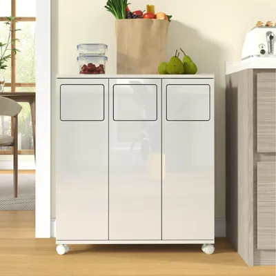 Immagine prodotto di Contenitore mobile per rifiuti, contenitore per la raccolta differenziata a 3 scomparti con ruote, dimensioni 69,3 x 35 x 80 cm, bianco lucido