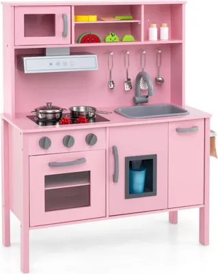 Produktbild von GOPLUS Kinderküche Holz, Kinderspielküche mit Mikrowelle, Spüle, Gasherde, Eismaschine & Backofen, Spielzeugküche Holzküche für Kinder ab 3 Jahren