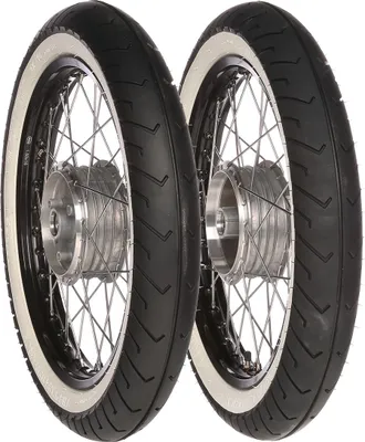 Obrázek produktu pro Sada: 2 kompletní kola 1,5x16" hliníkový ráfek Cerná + paprsky z nerezové oceli + pneumatiky whitewall mitas MC2