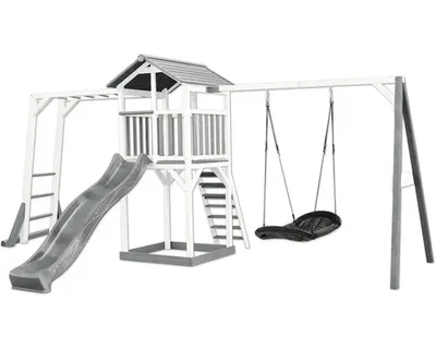 Image de AXI Beach Tower Tour de jeux en bois blanc & gris | Maison de jeux pour enfants avec toboggan gris, portique d'escalade, balançoire nid d'abeille et bac à sable | Maison sur pilotis