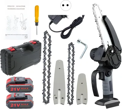 Produktbild von Akku Mini-Kettensäge, Kompaktes Design, Hohe Schneideffizienz, schwarz, zwei Batterien, Polkettensägen