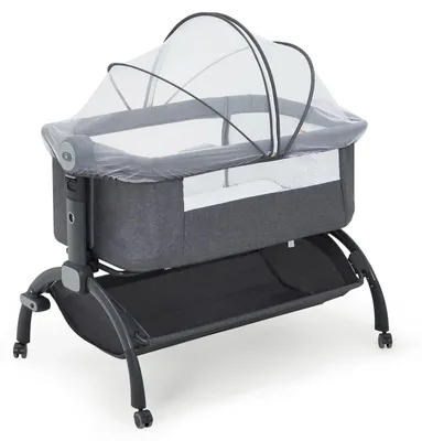 Image de Lit bébé - Lit d'appoint/berceau - 3 en 1 - Réglable en hauteur - Avec roulettes - Moustiquaire - Maille respirante - Transportable - Gris