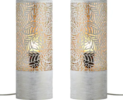 Produktbild von Marrakesch 2er Set Tischlampe Nachttischlampe 34cm groß | Boho Deko Lampe im Wohnzimmer Schlafzimmer oder Kinderzimmer | Skandinavische Tischleuchte Verdure aus Metall weiß gold E27 Lampenfassung