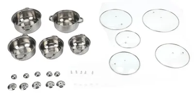 Zdjęcie produktu dla Zestaw 5-elementowego garnka ze stali nierdzewnej do gotowania w kuchni, w tym rondel ze szklanym pokrywką oraz garnek z dwoma uchwytami, idealny do przygotowywania zup i innych potraw. Kolor: srebrny