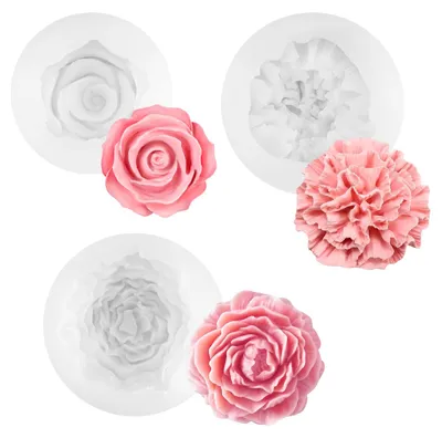 Productafbeelding van Set van drie siliconen mallen voor 3D-bloemen, geschikt voor het maken van kaarsen, taarten en zeep.