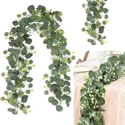 Produktbild von PromoHome® 2 Stück künstliche Eukalyptus-Girlanden 180cm mit Weidenblättern und weißen Blumen - Grüne Hängepflanzen-Dekoration für Hochzeit