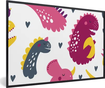 Produktbild von MuchoWow® Gerahmtes Poster Dino - Muster - Kind - Rosa - Mädchen 90x60 cm - Poster mit Schwarzem Bilderrahmen Wandposter Rahmen Foto Bilder - Fotorahmen - Foto-Plakat