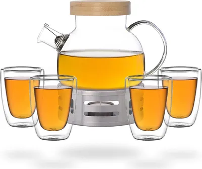 Produktbild von Kira Teeset / Teeservice / Teekanne Glas 900ml mit Tüllensieb, Bambusdeckel, Stövchen und 4 doppelwandige Teegläser je 200ml
