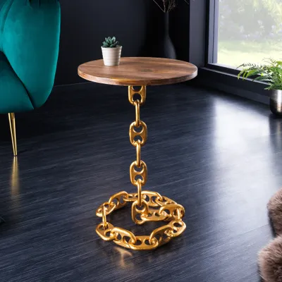 Produktbild von riess-ambiente Design Beistelltisch CHAINS 55cm gold Mangoholz handmade Metall rund Kettengestell massiv Couchtisch Nachttisch