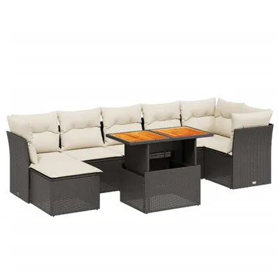 Produktbild von Modulares Gartenmöbel-Set, 8-teilige Sofagarnitur für Terrasse, Poly Rattan Schwarz, verstellbarer Tisch, cremeweiße Kissen, UV-beständig