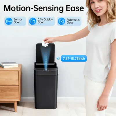 Obrázek produktu pro Inteligentní odpadkový koš – automatický odpadkový koš se senzorem – objem 8–9 l – IR + vibrační senzor – detekce 20–40 cm – reakční doba 0,3 s – IPX3 – černý