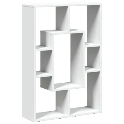 A white, multi-compartment bookshelf is shown against a white background.