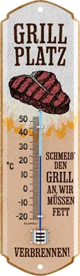 A thermometer with a steak on top, indicating temperature for grilling.