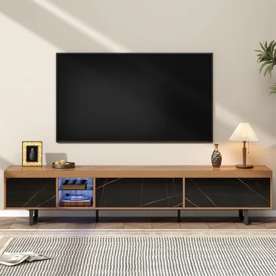 Immagine prodotto di Mobile TV AIORBER, 3 ante, con illuminazione LED, ripiani in vetro, ripiano imbottito, vano a giorno, 190x38x43cm, aspetto noce, per soggiorno, nero