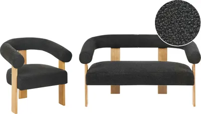 Zdjęcie produktu dla BELIANI Komplet wypoczynkowy czarny z jasnobrązowym boucle sofa i fotel retro do salonu drewniane nogi