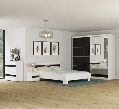 Produktbild von Schlafzimmer-Set Bettgestell Kleiderschrank Nachttisch Kommode Maxima (Weiß/Semigloss Schwarz)