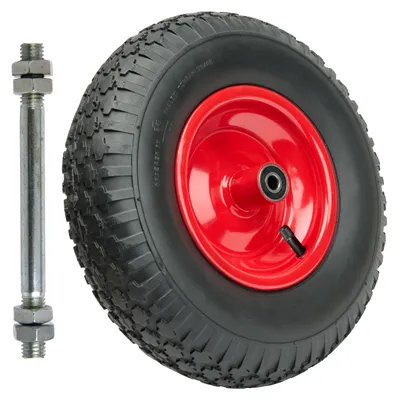 Produktbild von GARRONDA Ersatzrad Schubkarre 4.00-6 Schubkarrenrad Ø 320 mm Luftreifen 2PR Reifen bis 90 kg mit Achse Stahlfelge Kugellager für Gartenwagen Hof Baustelle GD-0163, Schwarz-Rot