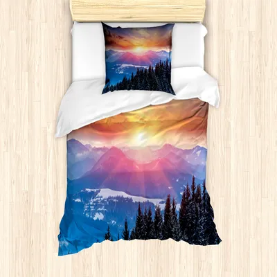 Produktbild von ABAKUHAUS Winter Mantele, Sonnenuntergang in den Bergen, Milbensicher Allergiker geeignet mit Kissenbezügen, 135 cm x 200 cm - 80 x 80 cm, Orange Blue
