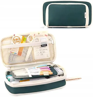 Image de Range-crayons scolaire spacieux, vert, polyester, 21,5x11x6 cm