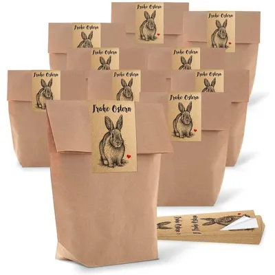 Produktbild von 25 kleine braune Papiertüten Ostertüten Osternest 14 x 22 x 5,6 cm + 25 Osteraufkleber 5 x 15 cm vintage Hase Osterhase Ostern Herz rot Verpackung Geschenke Aufkleber Kraftpapier give-awayOsterhase Braun, Schwarz, Rot / 10
