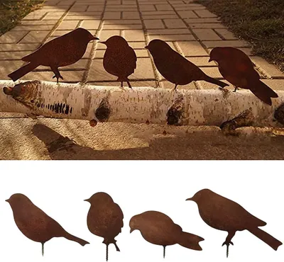 Produktbild von 4 Edelrost Metall Vogel Stecker Gartendeko Rostoptik mit Schraubgewinde, Gartenstecker Rost Deko, Metall Baumstecker für Holz Zaunfiguren Gartendekoration