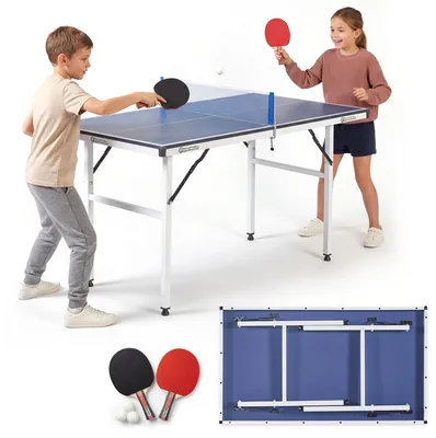 Obrázok produktu pre Skladací stolný tenisový stôl HyperMotion Mini 137 x 76 x 69 cm – detský stolný tenisový stôl do interiéru so sieťou, raketami a loptičkami