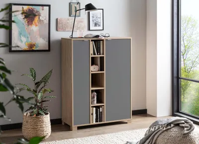 Highboard 2 Türen 5 Fächer, Eiche/Basaltgrau, 89,6x39x122,4 cm
