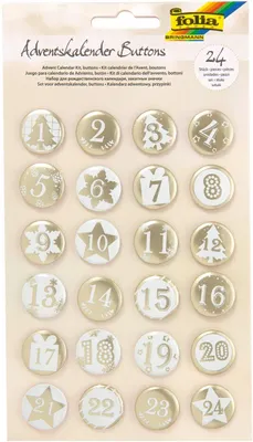 Produktbild von folia 1219 - Adventskalender Buttons, Perlmutt, 24 Stück, aus Metall, zum Gestalten individueller Adventskalender, weiß/gold
