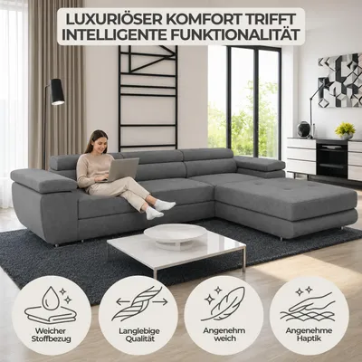 Produktbild von Ecksofa mit Schlaffunktion und Bettkasten, Designer Schlafsofa mit Bettkasten