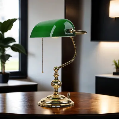 Produktbild von Bankerlampe Gold 24 Karat Grün aus Messing Glas Zugschalter Tischleuchte Schreibtischlampe
