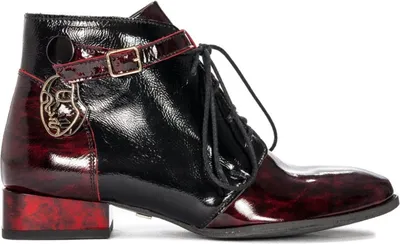 A single black and red leather boot is shown against a white background.