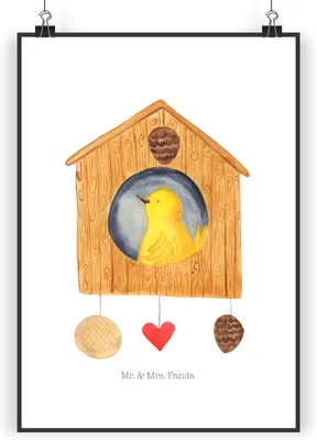 Produktbild von Mr. & Mrs. Panda Bild Vogel Haus DIN A5 - Weiß - Geschenk, wanddeko, kunstposter, Wandbild, Vögel, Kunstdruck, Zuhause, Familie, Lustige Sprüche, Wohnung, drucke
